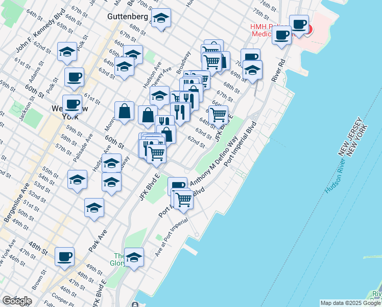 map of restaurants, bars, coffee shops, grocery stores, and more near 6114 Highland Place in West New York