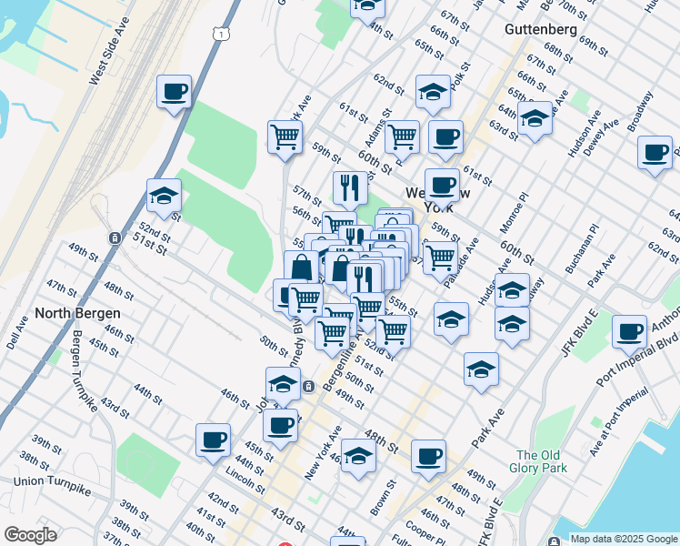 map of restaurants, bars, coffee shops, grocery stores, and more near 556 55th Street in West New York