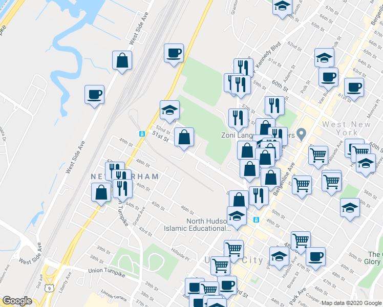 map of restaurants, bars, coffee shops, grocery stores, and more near 1453 51st Street in North Bergen