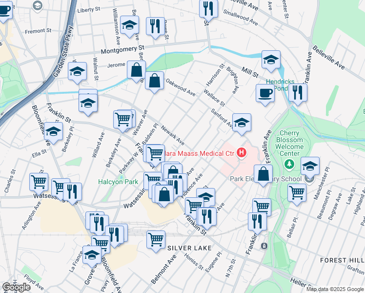 map of restaurants, bars, coffee shops, grocery stores, and more near 412 Watsessing Avenue in Bloomfield