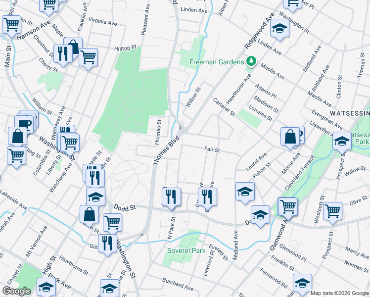 map of restaurants, bars, coffee shops, grocery stores, and more near 592 Thomas Boulevard in East Orange
