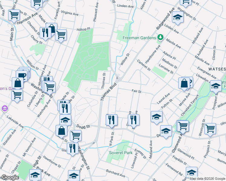 map of restaurants, bars, coffee shops, grocery stores, and more near 592 Thomas Boulevard in East Orange