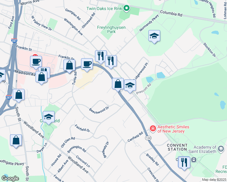 map of restaurants, bars, coffee shops, grocery stores, and more near 221 Pitney Place in Morristown