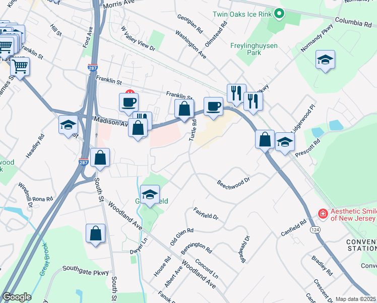 map of restaurants, bars, coffee shops, grocery stores, and more near 19 Village Drive in Morristown