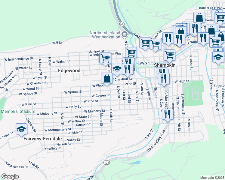 map of restaurants, bars, coffee shops, grocery stores, and more near 825-867 W Spruce St in Fairview-Ferndale