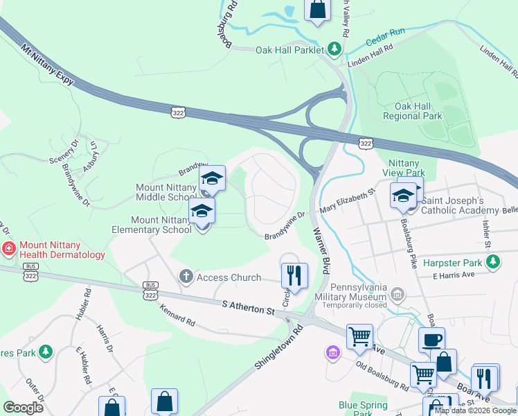 map of restaurants, bars, coffee shops, grocery stores, and more near 348 Florence Way in State College