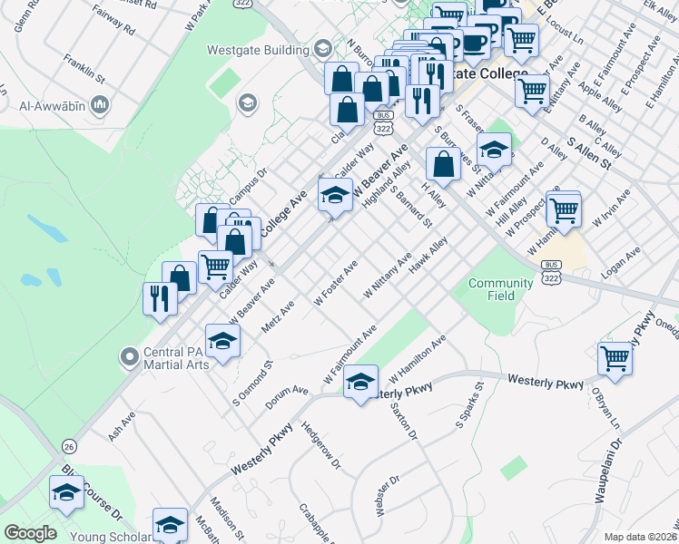 map of restaurants, bars, coffee shops, grocery stores, and more near 723 West Foster Avenue in State College