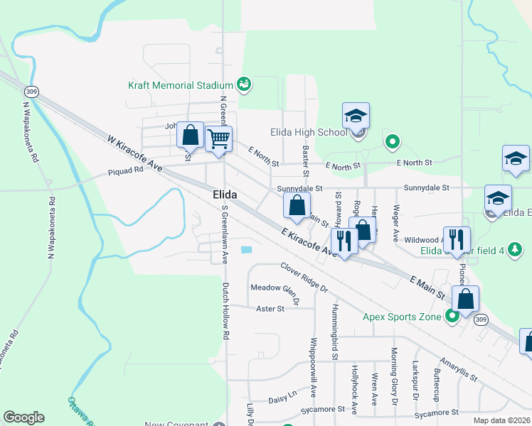 map of restaurants, bars, coffee shops, grocery stores, and more near 203 East Kiracofe Avenue in Elida