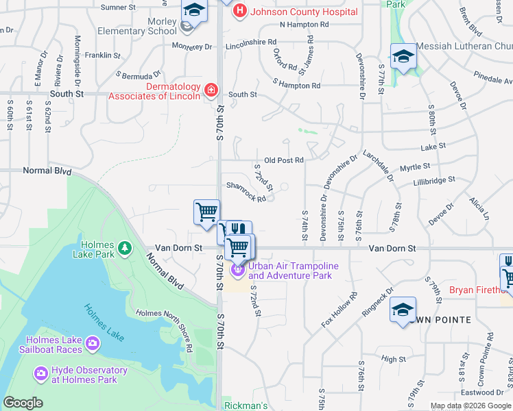 map of restaurants, bars, coffee shops, grocery stores, and more near 7129 Shamrock Road in Lincoln
