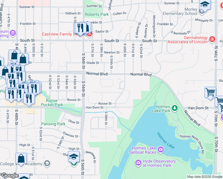 map of restaurants, bars, coffee shops, grocery stores, and more near 5833 Cedarwood Drive in Lincoln