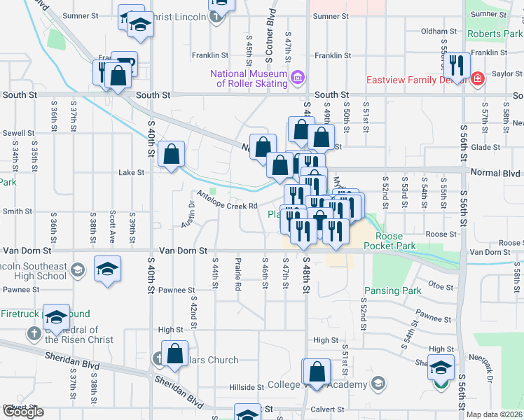 map of restaurants, bars, coffee shops, grocery stores, and more near 2601 South 46th Street in Lincoln