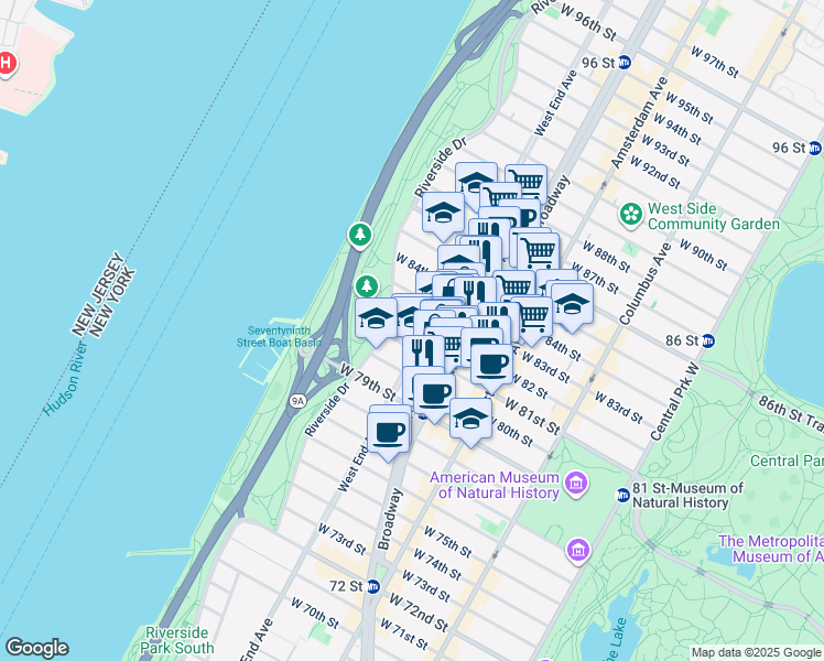 map of restaurants, bars, coffee shops, grocery stores, and more near 301 West 82nd Street in New York