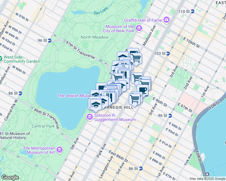map of restaurants, bars, coffee shops, grocery stores, and more near 15 East 94th Street in New York