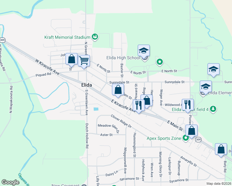 map of restaurants, bars, coffee shops, grocery stores, and more near 218 East Main Street in Elida