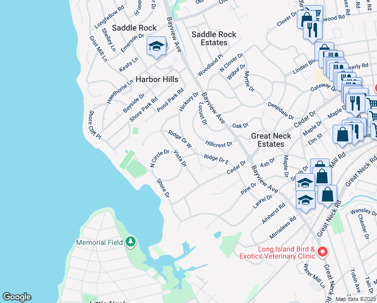 map of restaurants, bars, coffee shops, grocery stores, and more near 13 Vista Drive in Great Neck