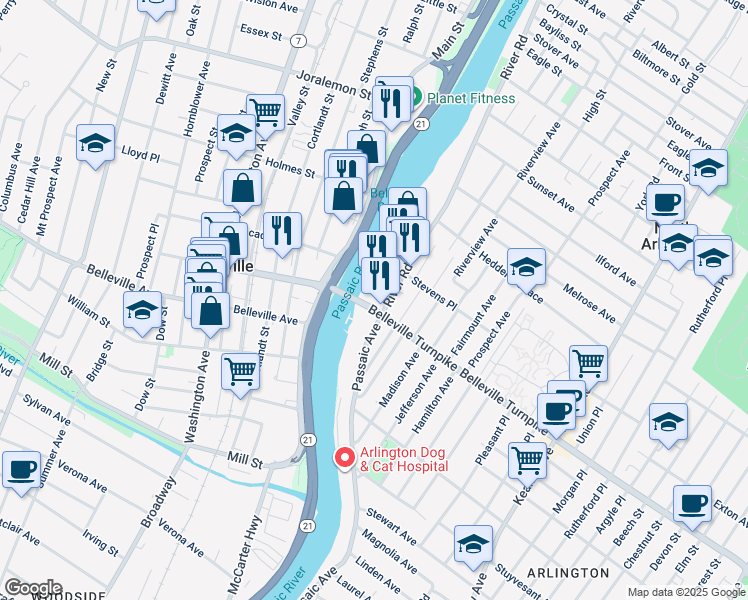 map of restaurants, bars, coffee shops, grocery stores, and more near 1 River Road in North Arlington