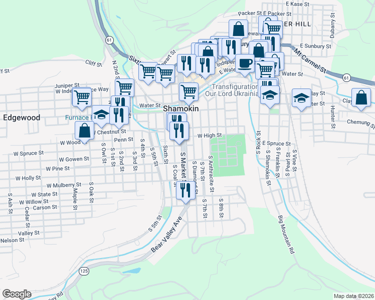 map of restaurants, bars, coffee shops, grocery stores, and more near 109 South Market Street in Shamokin