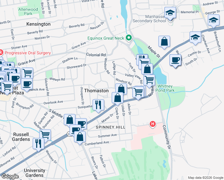 map of restaurants, bars, coffee shops, grocery stores, and more near 250 Schenck Avenue in Great Neck