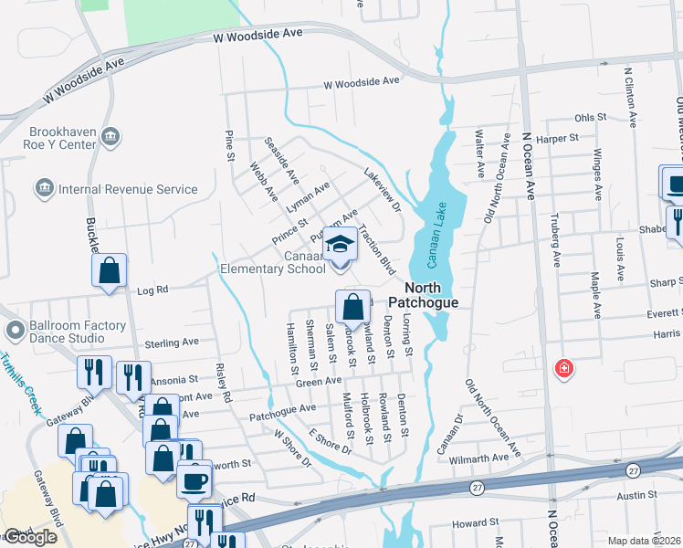 map of restaurants, bars, coffee shops, grocery stores, and more near 59 Fry Boulevard in Patchogue