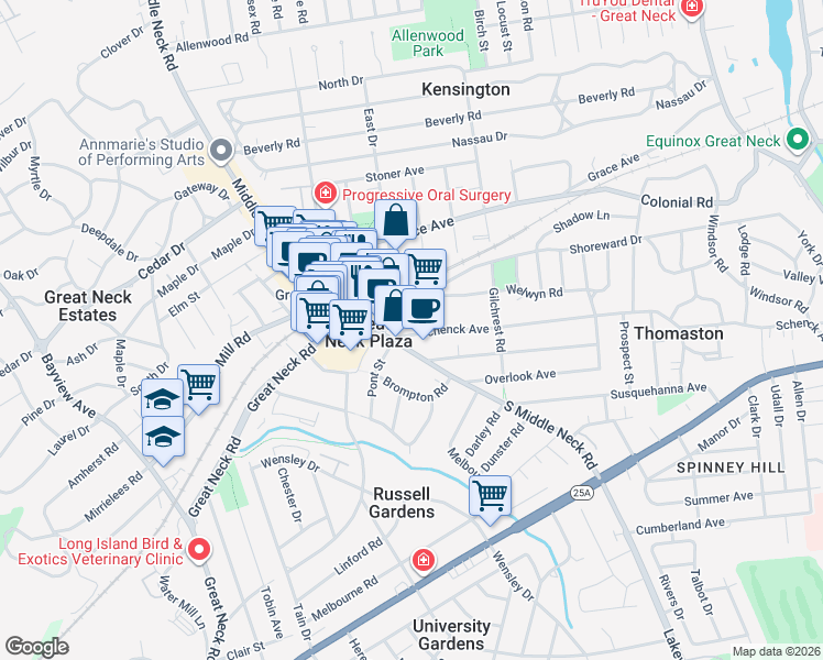map of restaurants, bars, coffee shops, grocery stores, and more near 15 Schenck Avenue in Great Neck