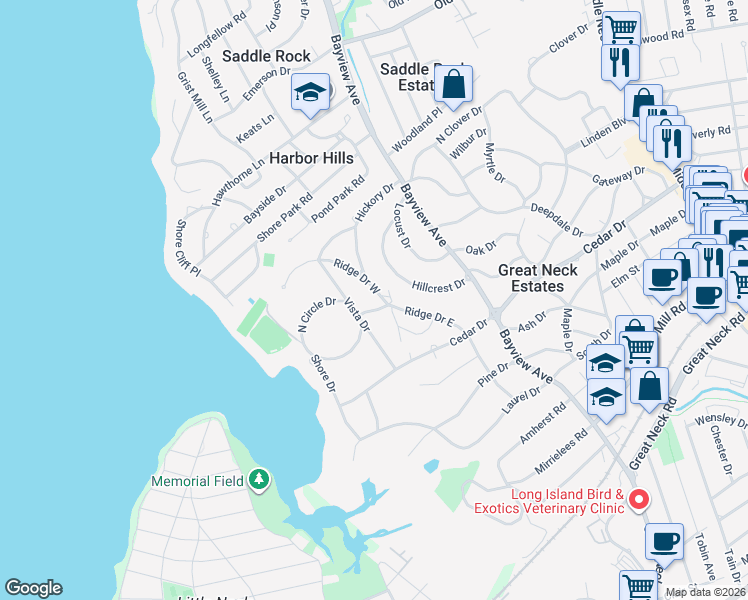 map of restaurants, bars, coffee shops, grocery stores, and more near 13 Vista Drive in Great Neck