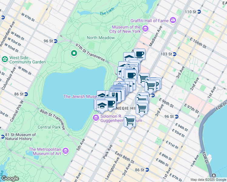map of restaurants, bars, coffee shops, grocery stores, and more near 5 East 94th Street in New York