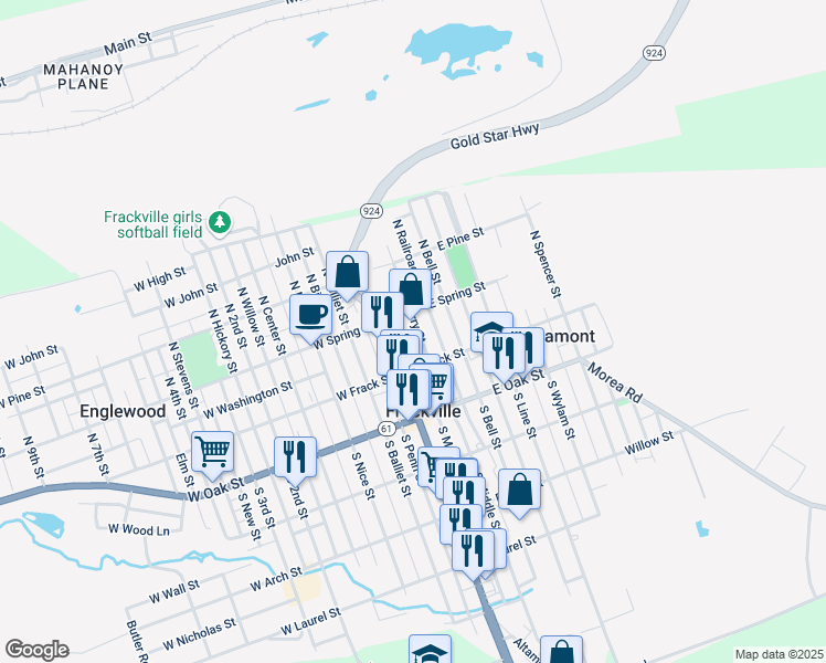 map of restaurants, bars, coffee shops, grocery stores, and more near 60 North Cherry Street in Frackville
