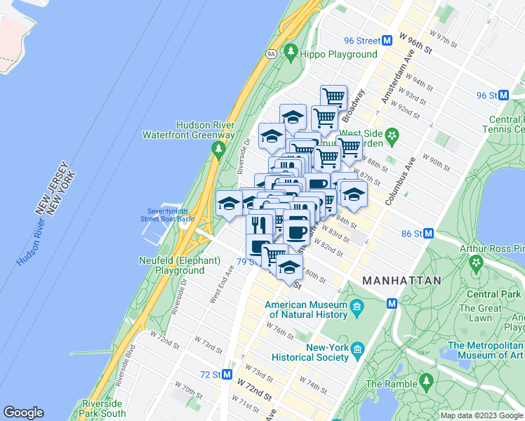 map of restaurants, bars, coffee shops, grocery stores, and more near West End Ave & W 82nd St in New York