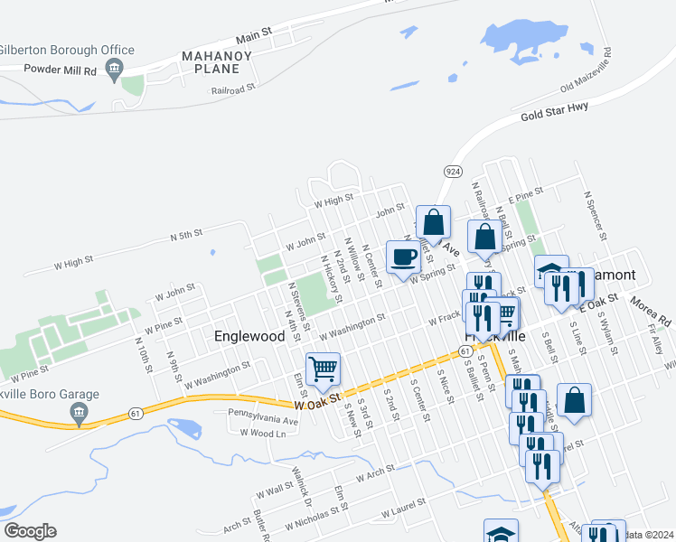 map of restaurants, bars, coffee shops, grocery stores, and more near 150 North 2nd Street in Frackville