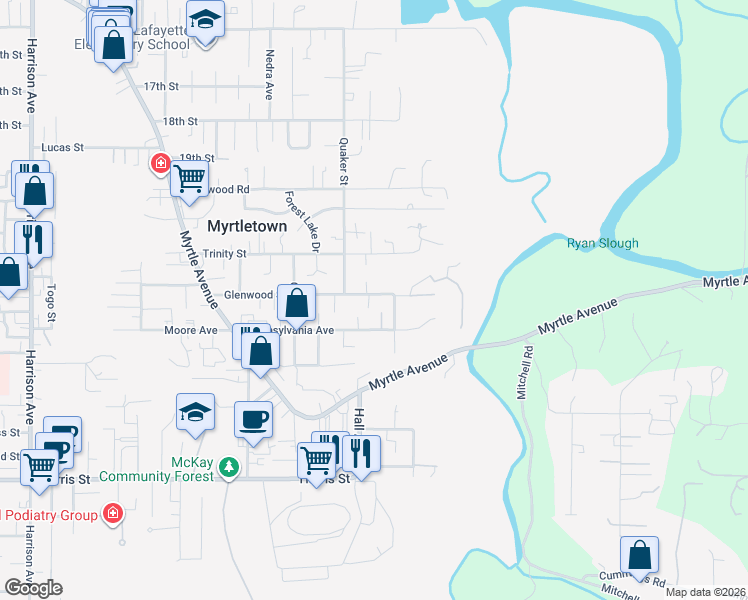 map of restaurants, bars, coffee shops, grocery stores, and more near 3870 Glenwood Street in Eureka