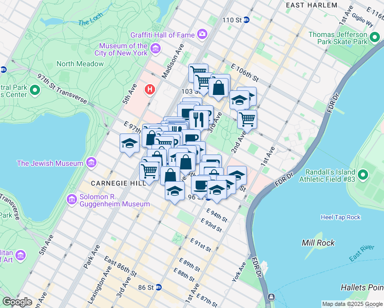 map of restaurants, bars, coffee shops, grocery stores, and more near 1768 3rd Avenue in New York