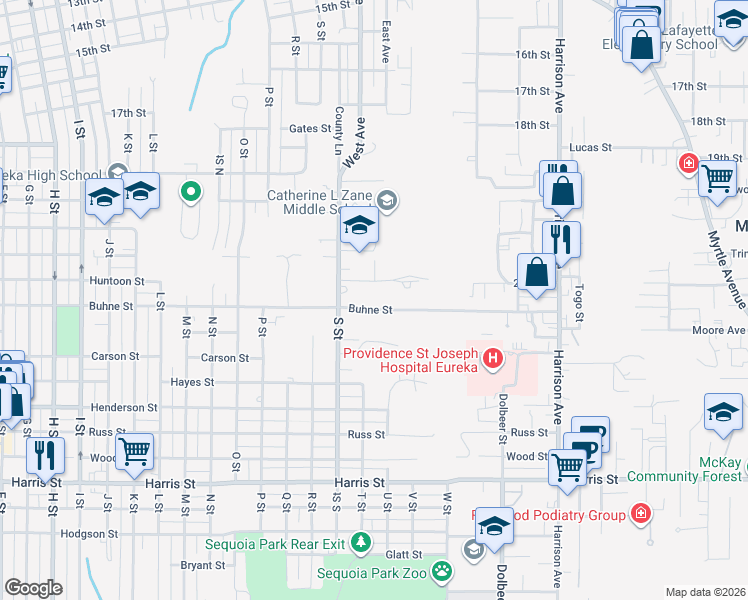 map of restaurants, bars, coffee shops, grocery stores, and more near 1917 Buhne Street in Eureka