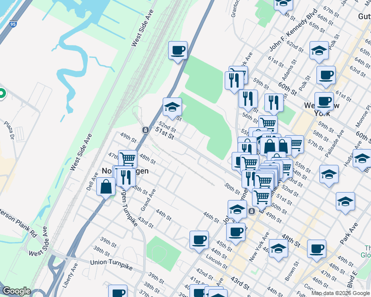 map of restaurants, bars, coffee shops, grocery stores, and more near 1453 51st Street in North Bergen