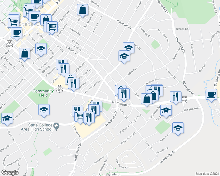 map of restaurants, bars, coffee shops, grocery stores, and more near 1206 South Allen Street in State College