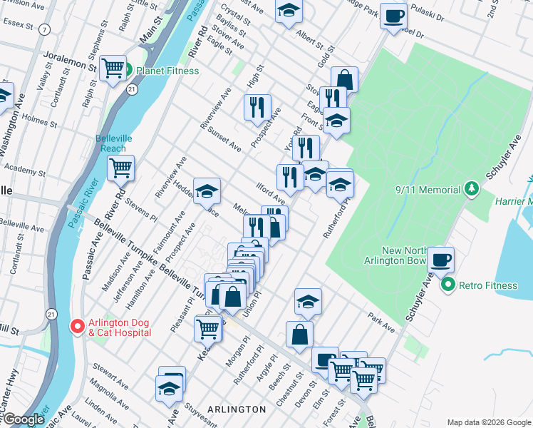 map of restaurants, bars, coffee shops, grocery stores, and more near 20 Hendel Avenue in North Arlington
