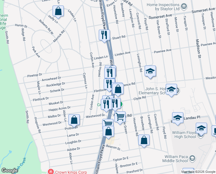 map of restaurants, bars, coffee shops, grocery stores, and more near 471 County Road 46 in Shirley