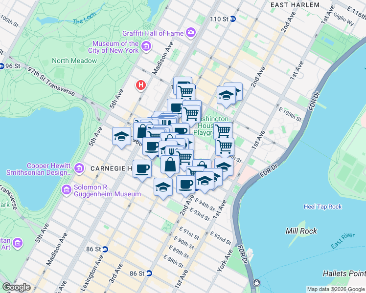 map of restaurants, bars, coffee shops, grocery stores, and more near 1768 3rd Avenue in New York