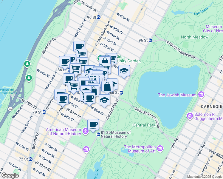 map of restaurants, bars, coffee shops, grocery stores, and more near 30 West 87th Street in New York