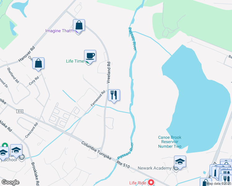 map of restaurants, bars, coffee shops, grocery stores, and more near 23 Vreeland Road in Florham Park