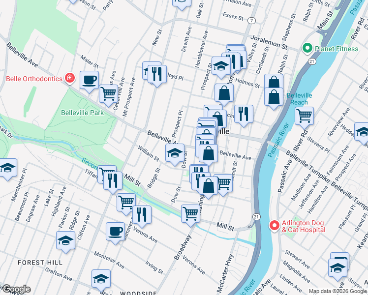 map of restaurants, bars, coffee shops, grocery stores, and more near 117 Dow Street in Belleville