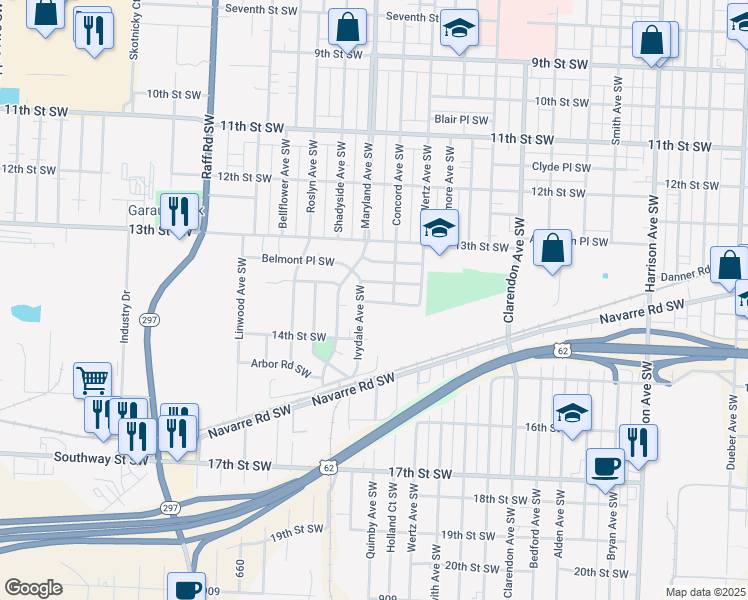map of restaurants, bars, coffee shops, grocery stores, and more near 1351 Ivydale Avenue Southwest in Canton