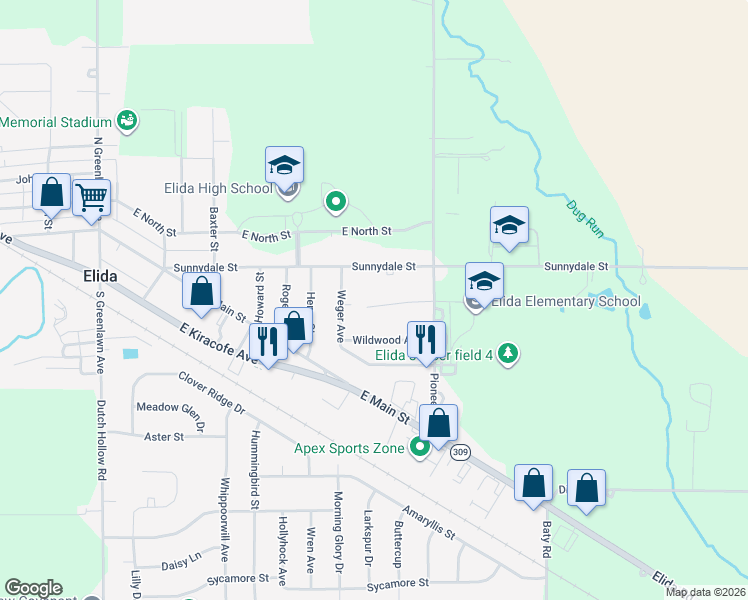 map of restaurants, bars, coffee shops, grocery stores, and more near 705 Beechwood Place in Elida