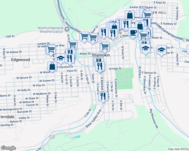 map of restaurants, bars, coffee shops, grocery stores, and more near 246 West Spruce Street in Shamokin
