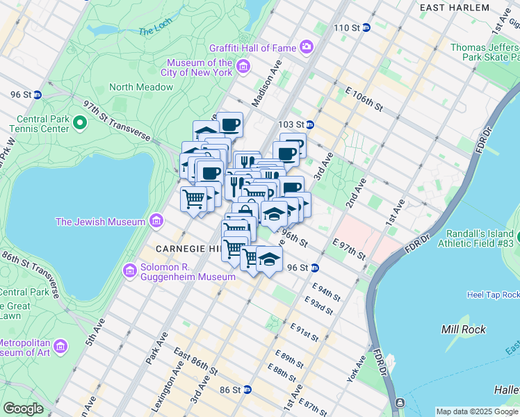 map of restaurants, bars, coffee shops, grocery stores, and more near 1500 Lexington Avenue in New York