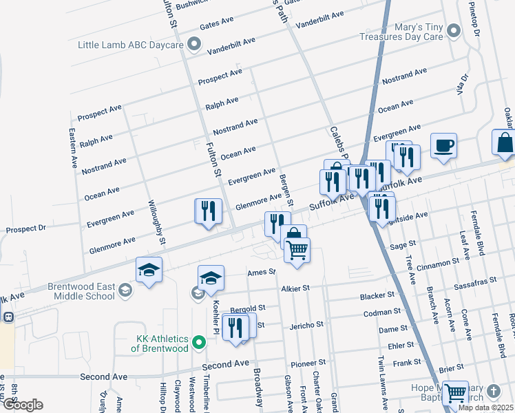 map of restaurants, bars, coffee shops, grocery stores, and more near 44 Glenmore Avenue in Brentwood
