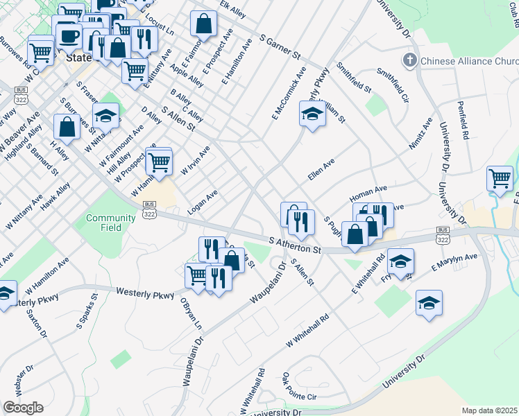 map of restaurants, bars, coffee shops, grocery stores, and more near 1120 South Allen Street in State College