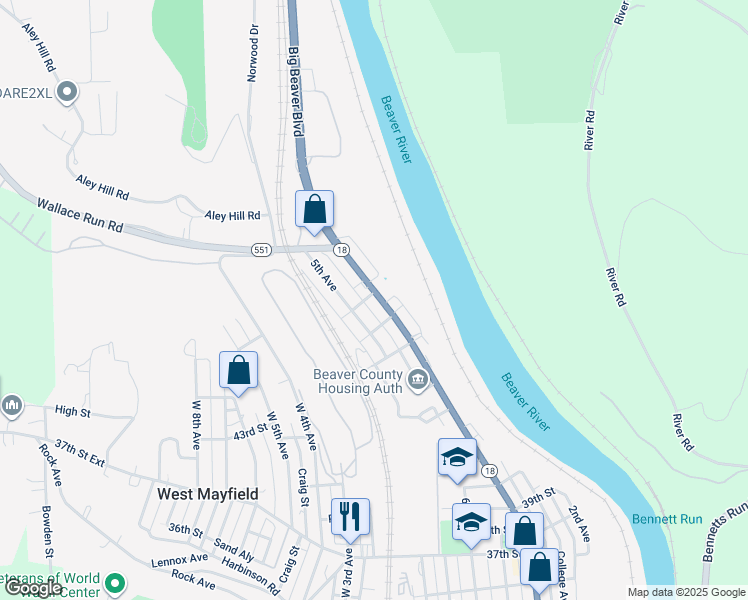 map of restaurants, bars, coffee shops, grocery stores, and more near 4617 Pennsylvania 18 in Beaver Falls