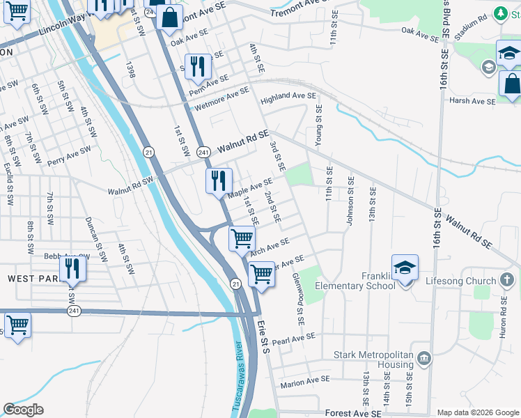 map of restaurants, bars, coffee shops, grocery stores, and more near 116 Edwin Avenue Southeast in Massillon