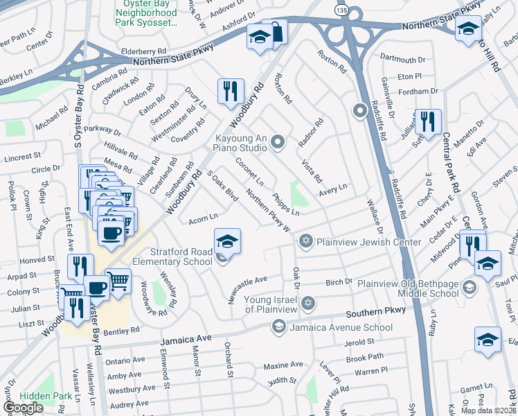 map of restaurants, bars, coffee shops, grocery stores, and more near 119 Northern Parkway West in Plainview