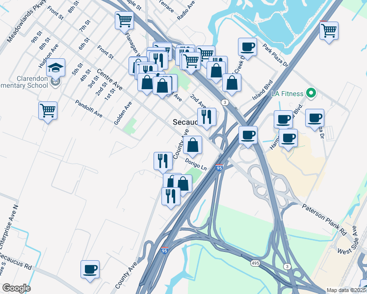 map of restaurants, bars, coffee shops, grocery stores, and more near 734 County Avenue in Secaucus